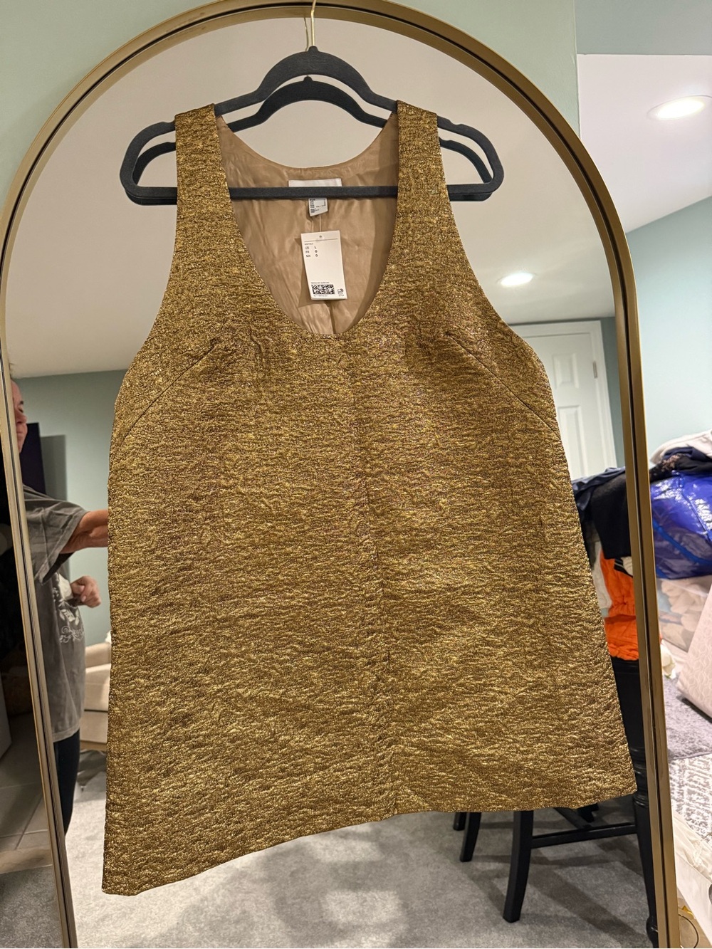 H&M Edition. Gold Textured Mini Shift Dress. Size: Large. NWT.